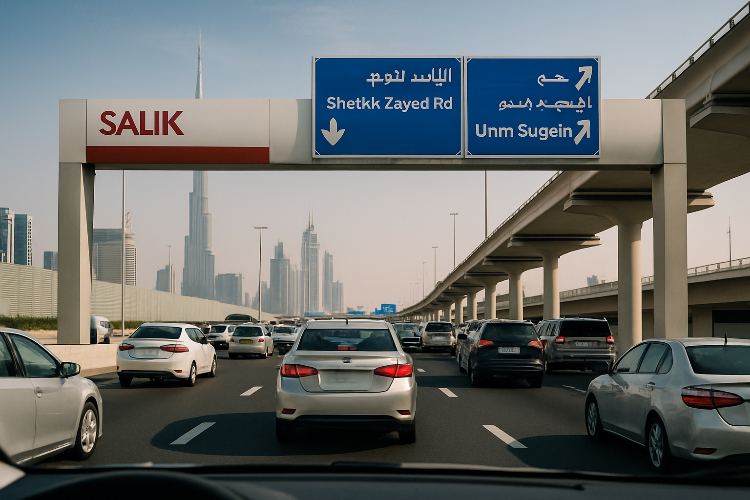 Commuters driving through Dubai’s efficient toll road system