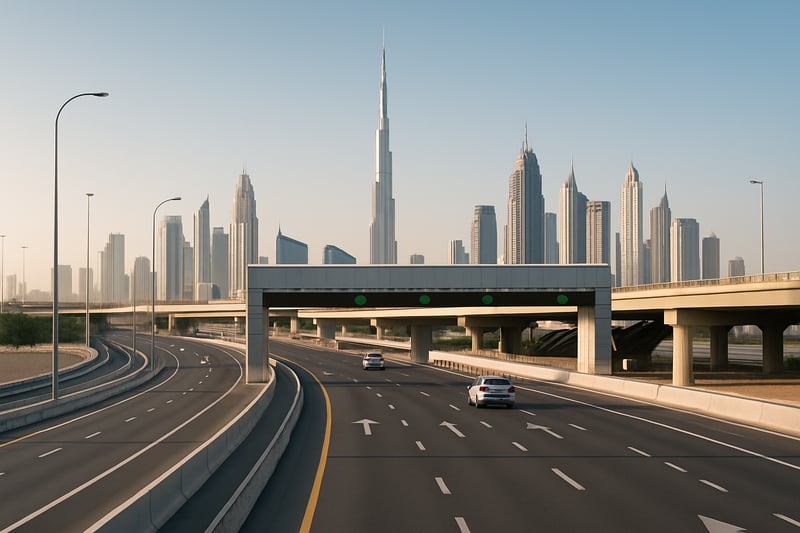 Modern highway and toll road in Dubai with city skyline