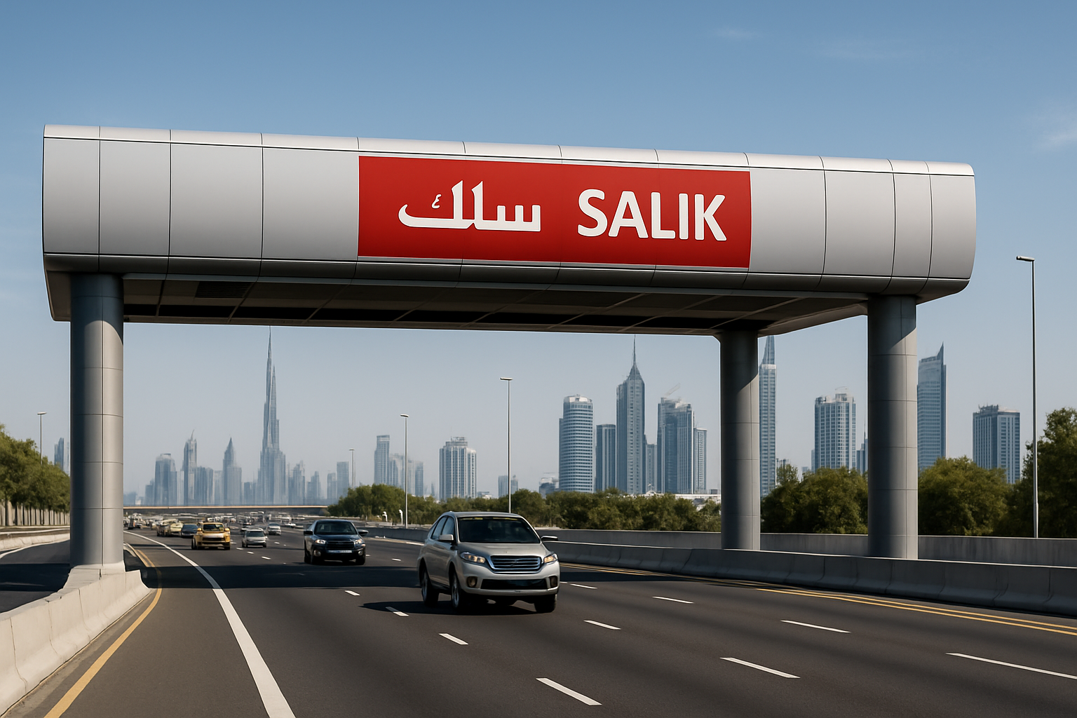 Modern toll gate on a Dubai highway with Salik signage