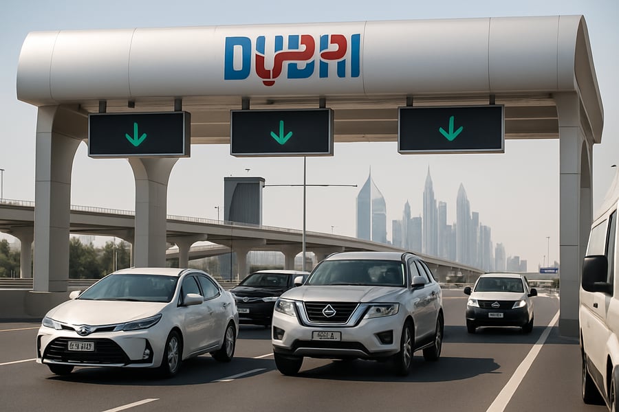 Modern toll gate system in Dubai with vehicles passing through