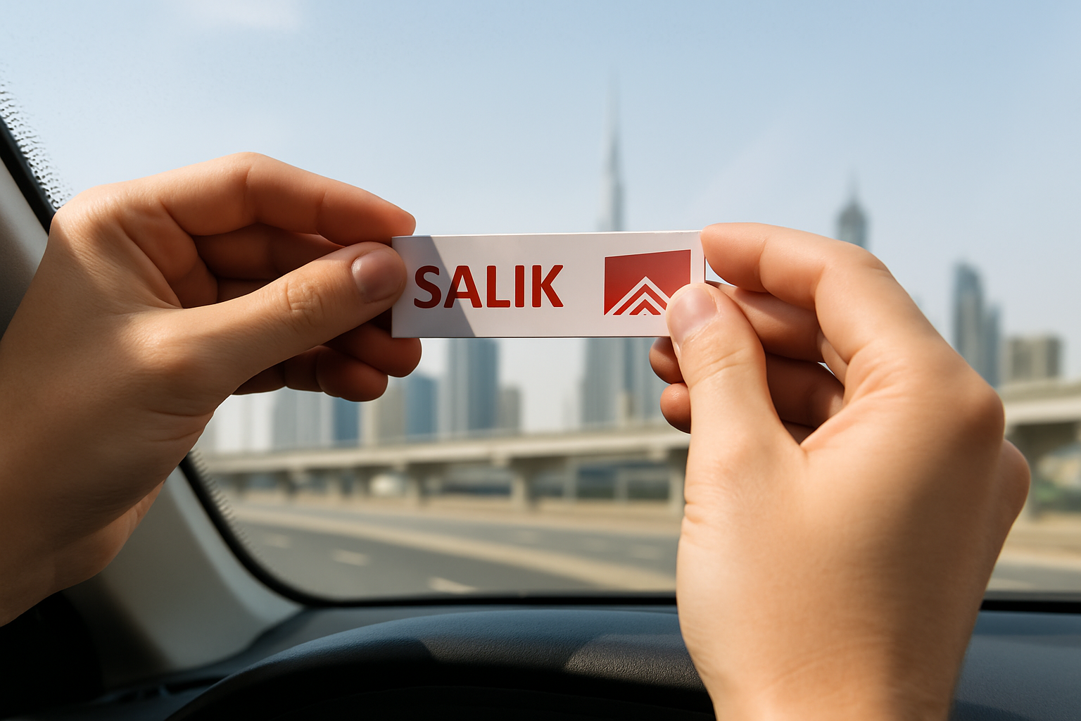 Salik tag installation on vehicle windshield in Dubai